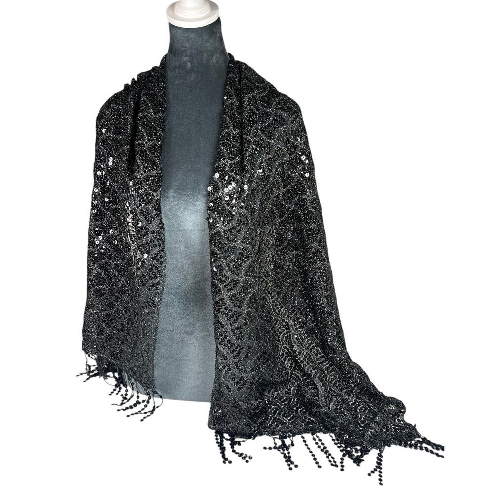 XL Sequin Shawl Scarf- Black with Sequin Tassels- Whimsy goth- some wear 62x20"
